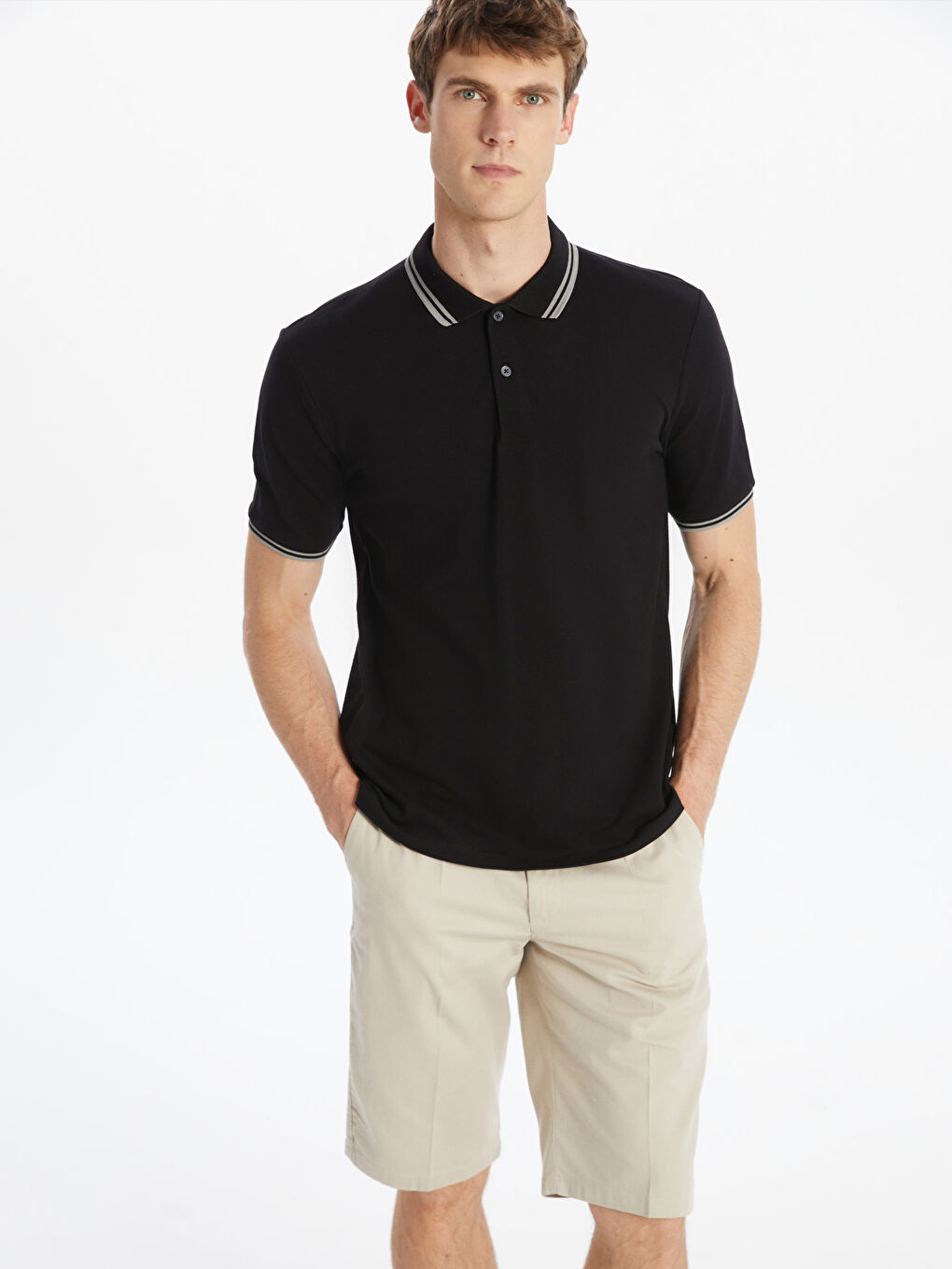 Siyah Polo Yaka Kısa Kollu Erkek Dokulu Tişört