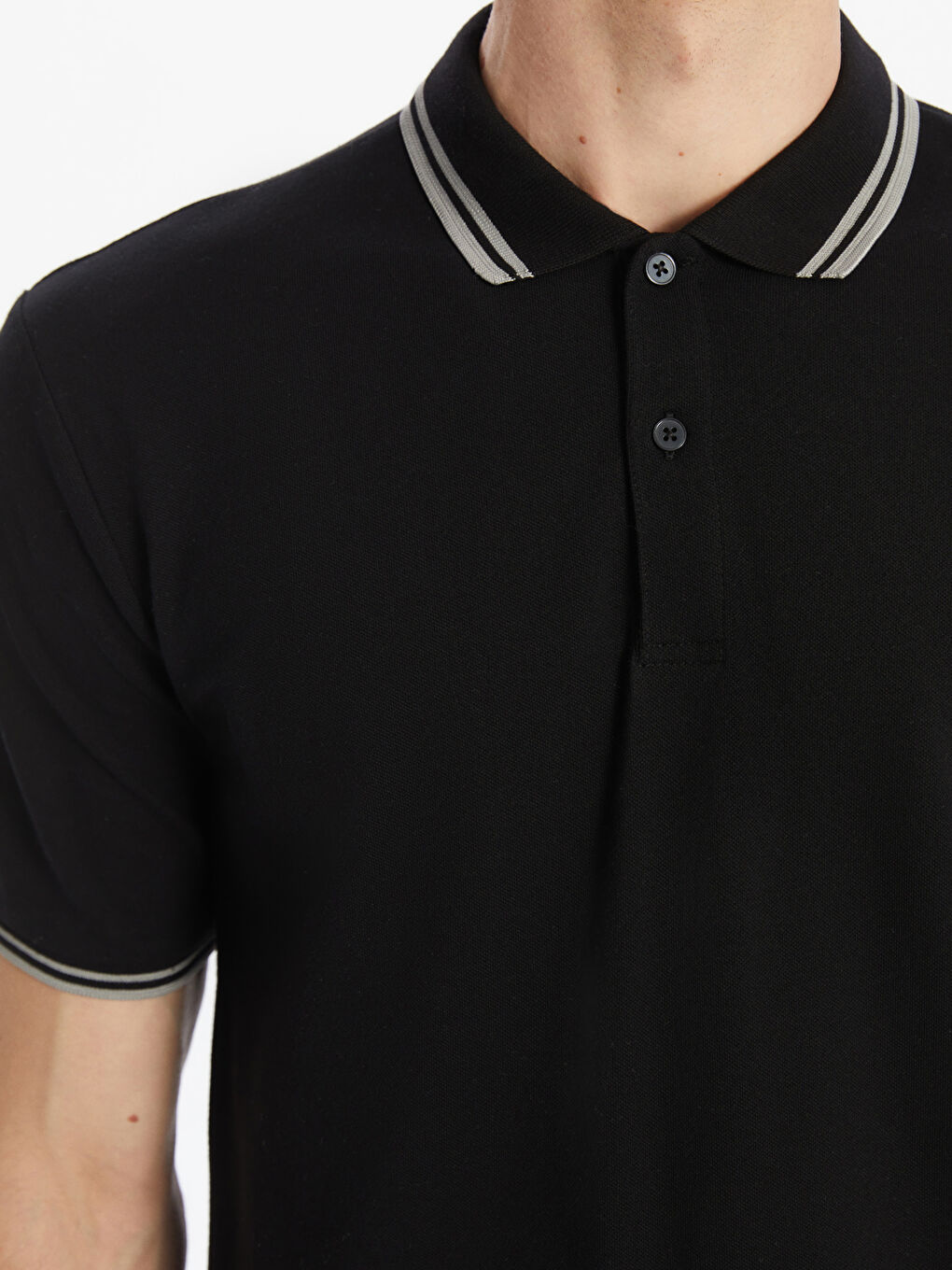 Siyah Polo Yaka Kısa Kollu Erkek Dokulu Tişört-2