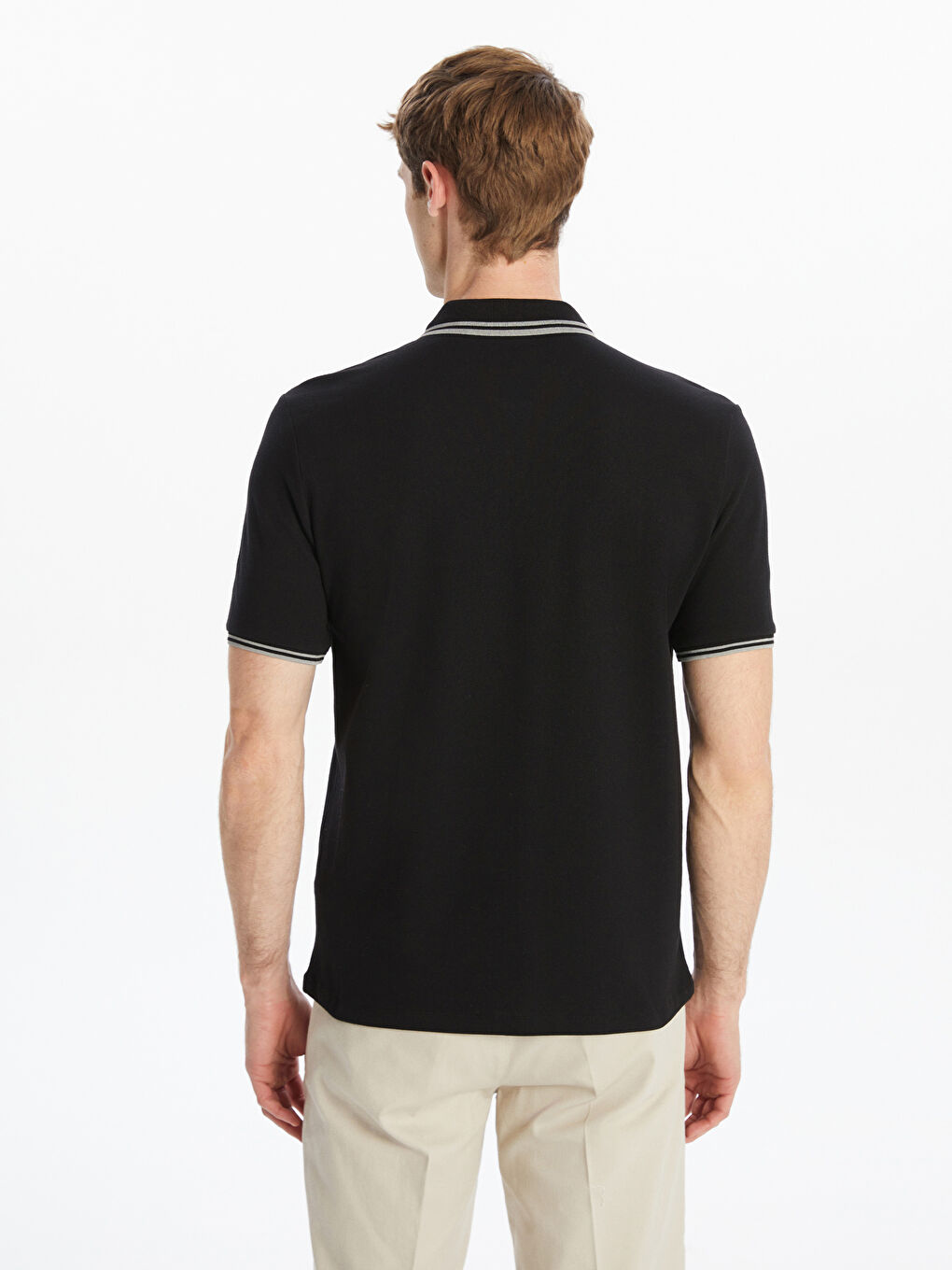 Siyah Polo Yaka Kısa Kollu Erkek Dokulu Tişört-3