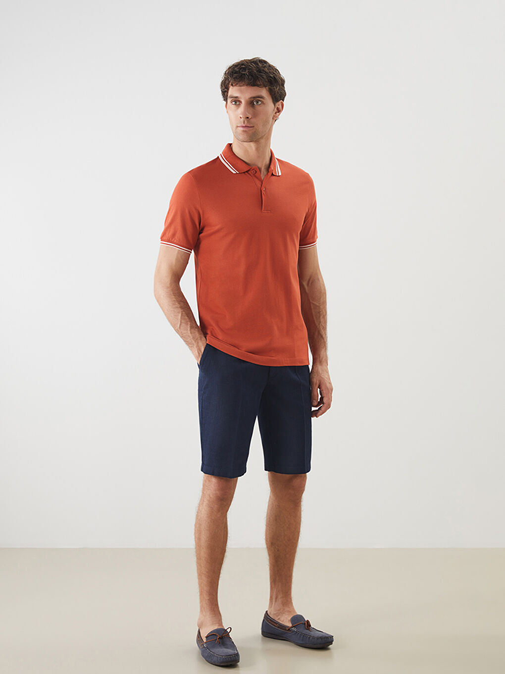 Turuncu Polo Yaka Kısa Kollu Erkek Dokulu Tişört-1