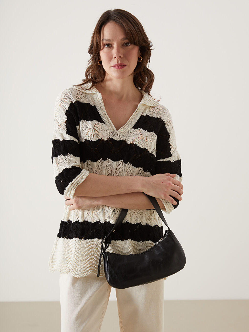 Polo Neck Striped Women's Knitwear Sweater -S5BL78Z8-LEG