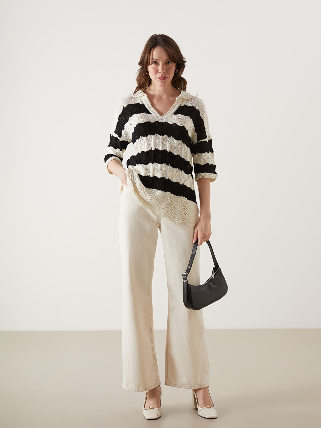 Polo Neck Striped Women's Knitwear Sweater -S5BL78Z8-LEG