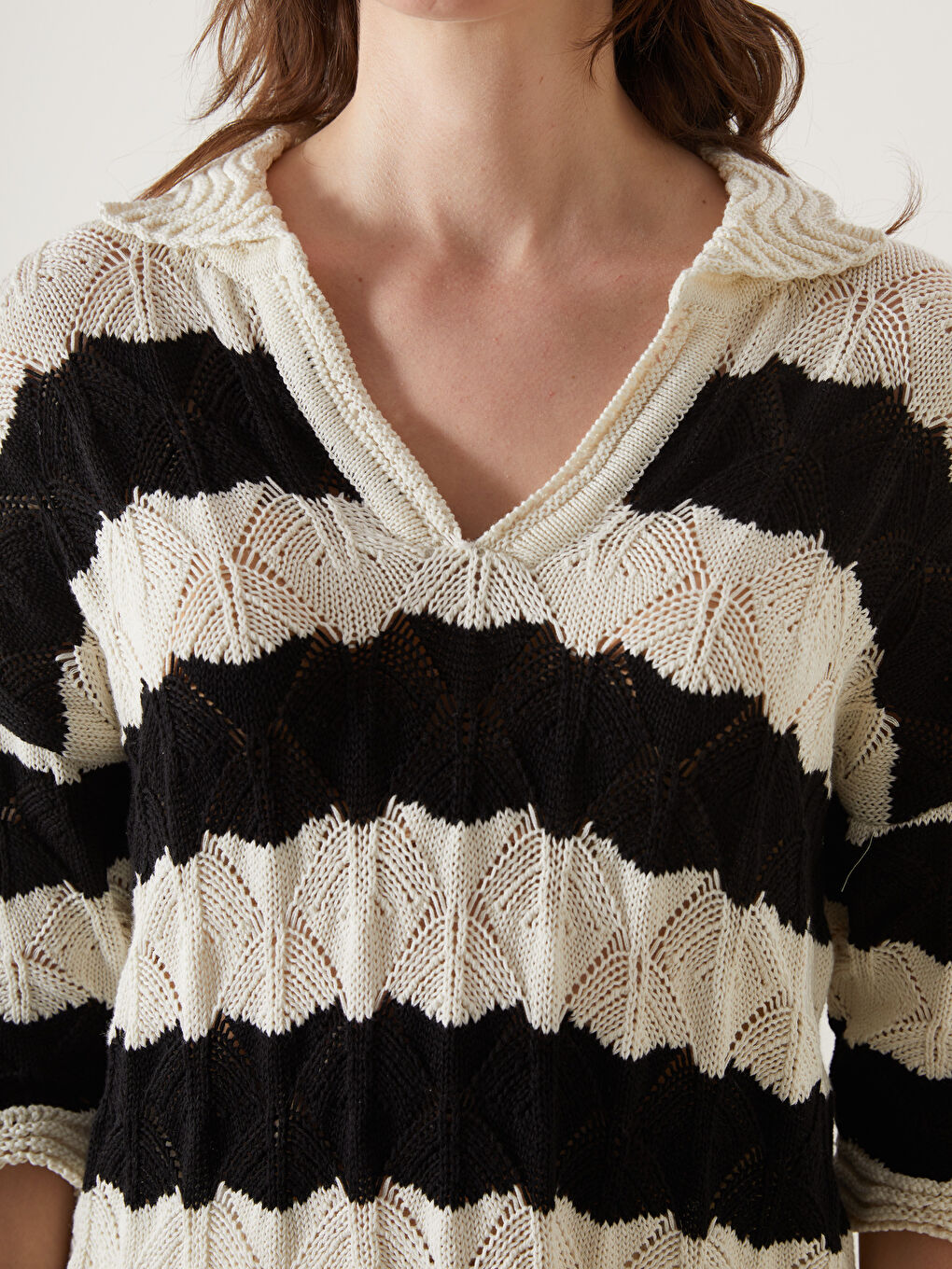 Polo Neck Striped Women's Knitwear Sweater -S5BL78Z8-LEG