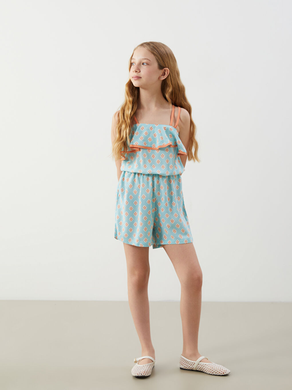 Turkuaz Kare Yaka Kız Çocuk Tulum-1