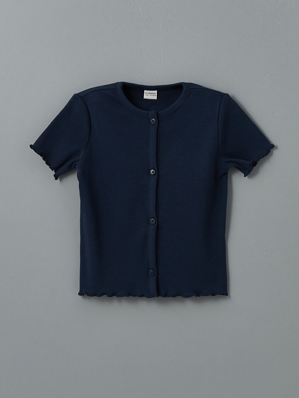 Lacivert Bisiklet Yaka Fırfırlı Kız Çocuk Tişört