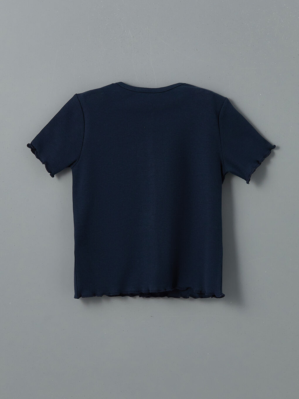 Lacivert Bisiklet Yaka Fırfırlı Kız Çocuk Tişört-1