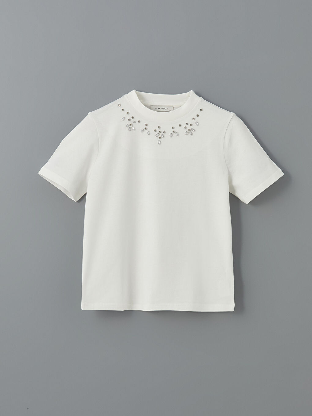 LC Waikiki Funnel Neck Rhinestone Embellished Jersey Women's T-Shirt -S5BO78Z8-R9J