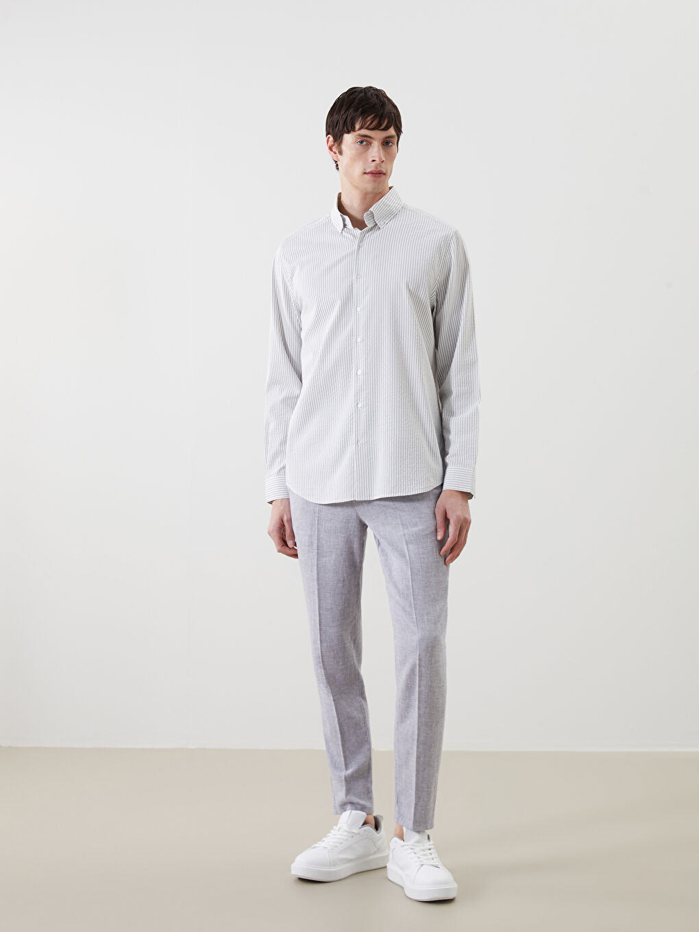 Gri Regular Fit Uzun Kollu Çizgili Erkek Gömlek-1