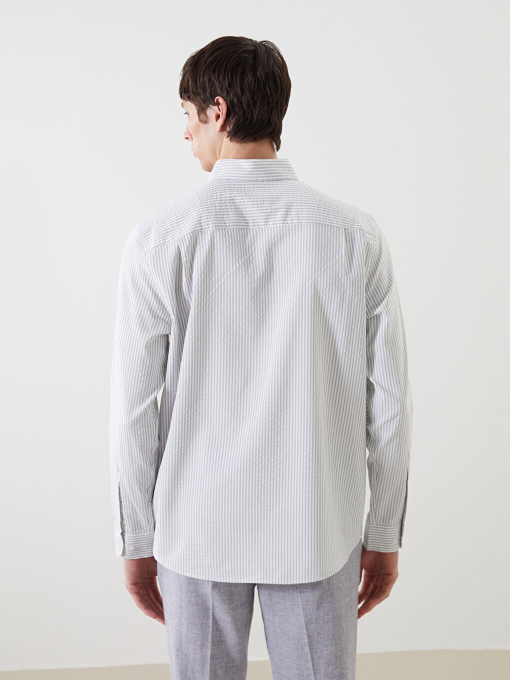 Gri Regular Fit Uzun Kollu Çizgili Erkek Gömlek-3