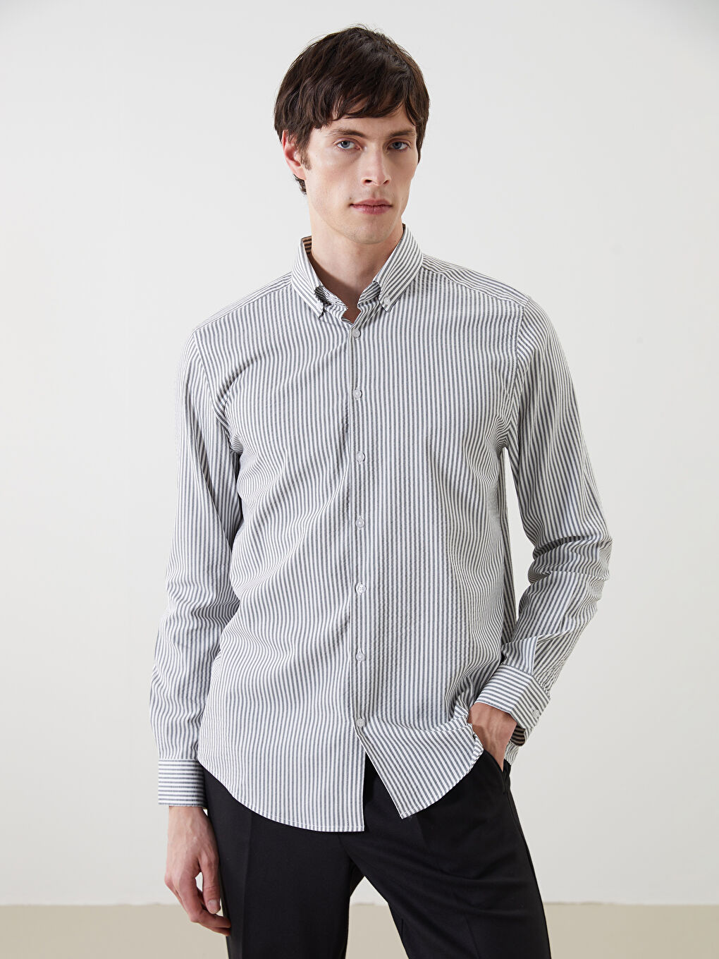 Haki Regular Fit Uzun Kollu Çizgili Erkek Gömlek