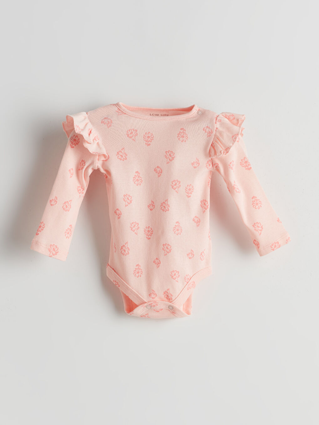 LCW baby Pembe Bisiklet Yaka Çiçekli Kız Bebek Çıtçıtlı Bodysuit