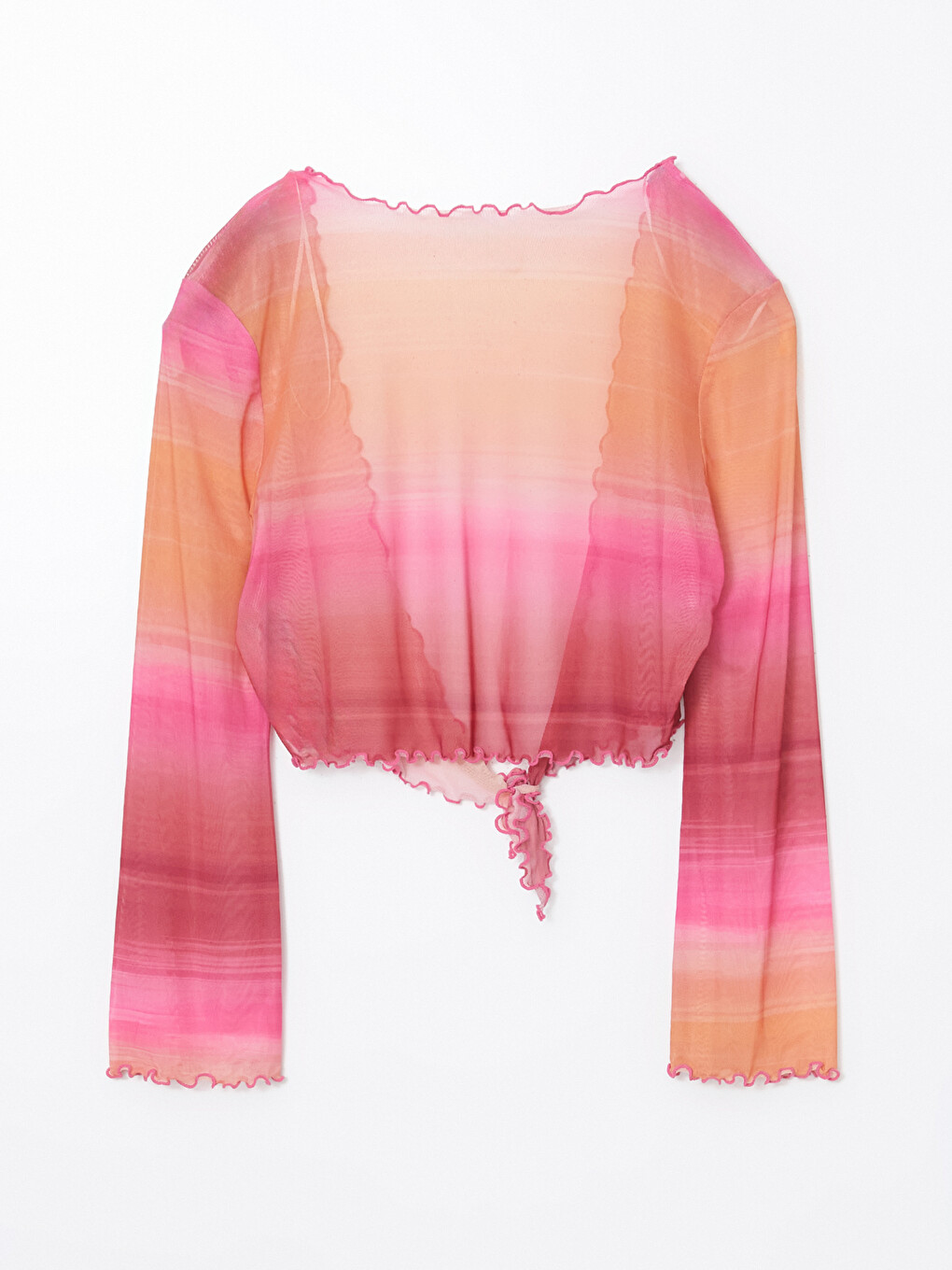 Pembe Şal Yaka Batik Fırfırlı Kadın Plaj Üst-1