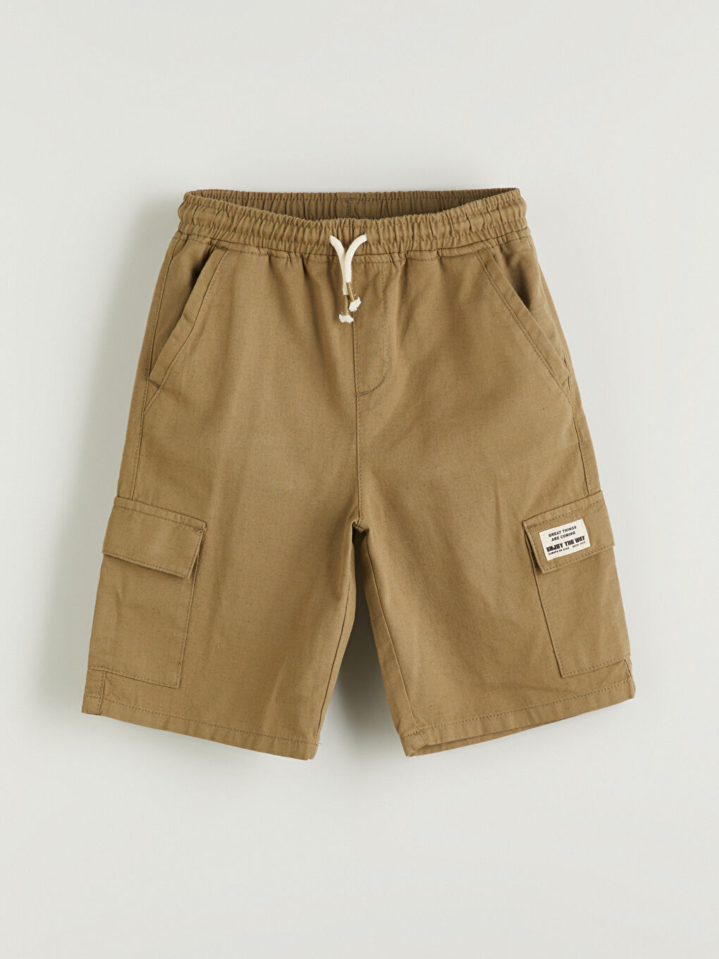 Haki Beli Lastikli Keten Karışımlı Erkek Çocuk Kargo Şort