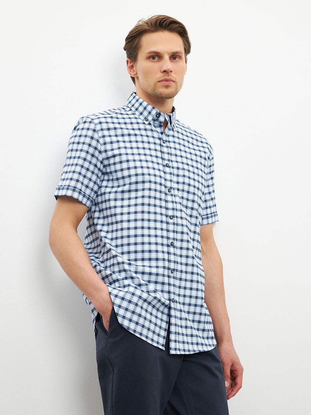 Regular Fit Short Sleeve Plaid Oxford Men's Shirt