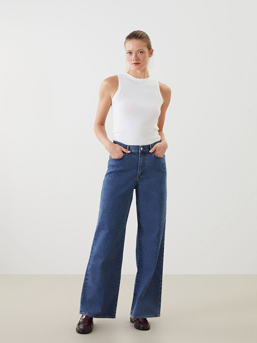 Elastic Waist Wide Leg Women's Jeans -S5CB21Z8-H45