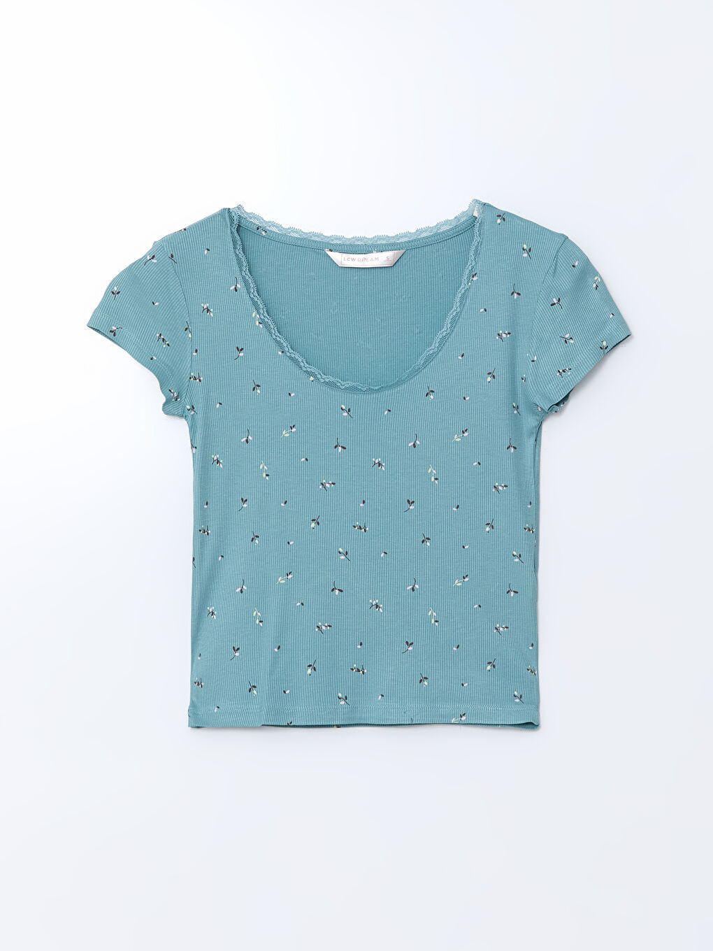 Yeşil U Yaka Dantel Detaylı Çiçekli Kadın Pijama Üstü