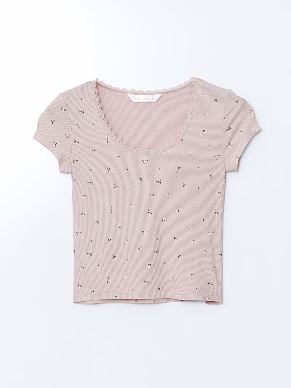 Pembe U Yaka Dantel Detaylı Çiçekli Kadın Pijama Üstü