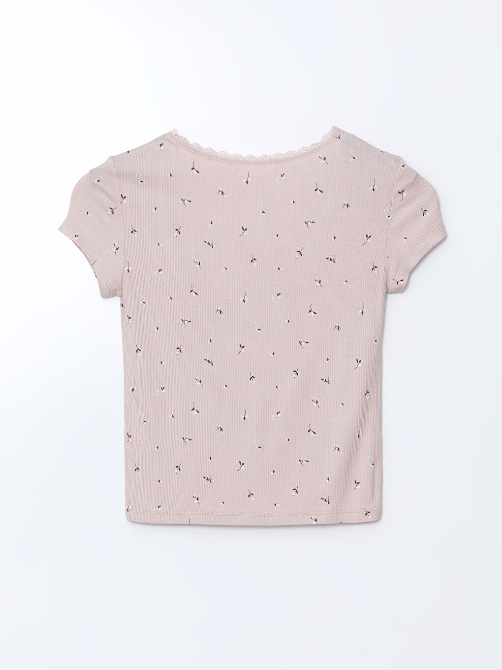 Pembe U Yaka Dantel Detaylı Çiçekli Kadın Pijama Üstü-1