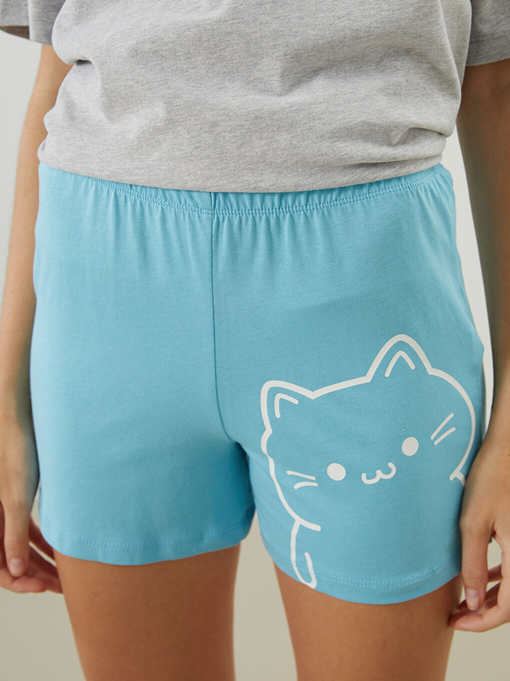 Mavi Beli Lastikli Baskılı Kadın Şort Pijama Altı-2