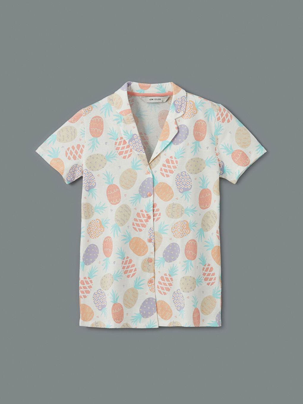 Ekru Gömlek Yaka Baskılı Kadın Pijama Üstü