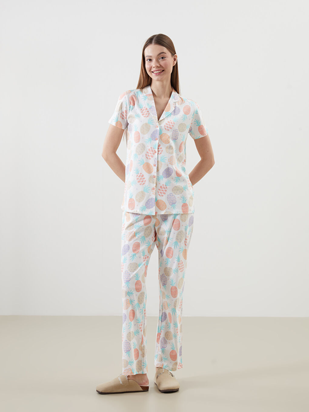 Shirt Collar Patterned Women's Pajamas Set -S5CC89Z8-LRA