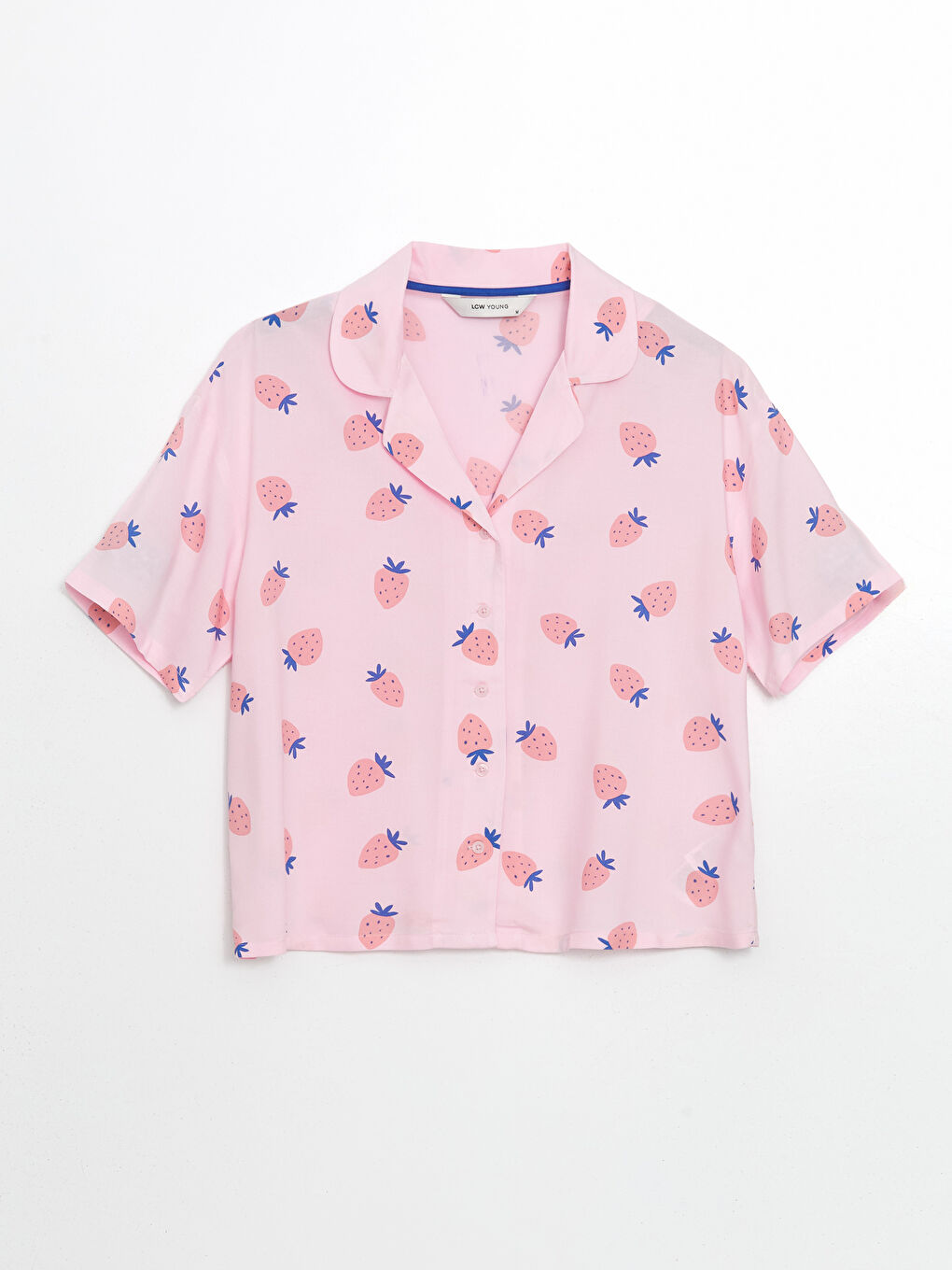 Pembe Gömlek Yaka Baskılı Kadın Pijama Üstü