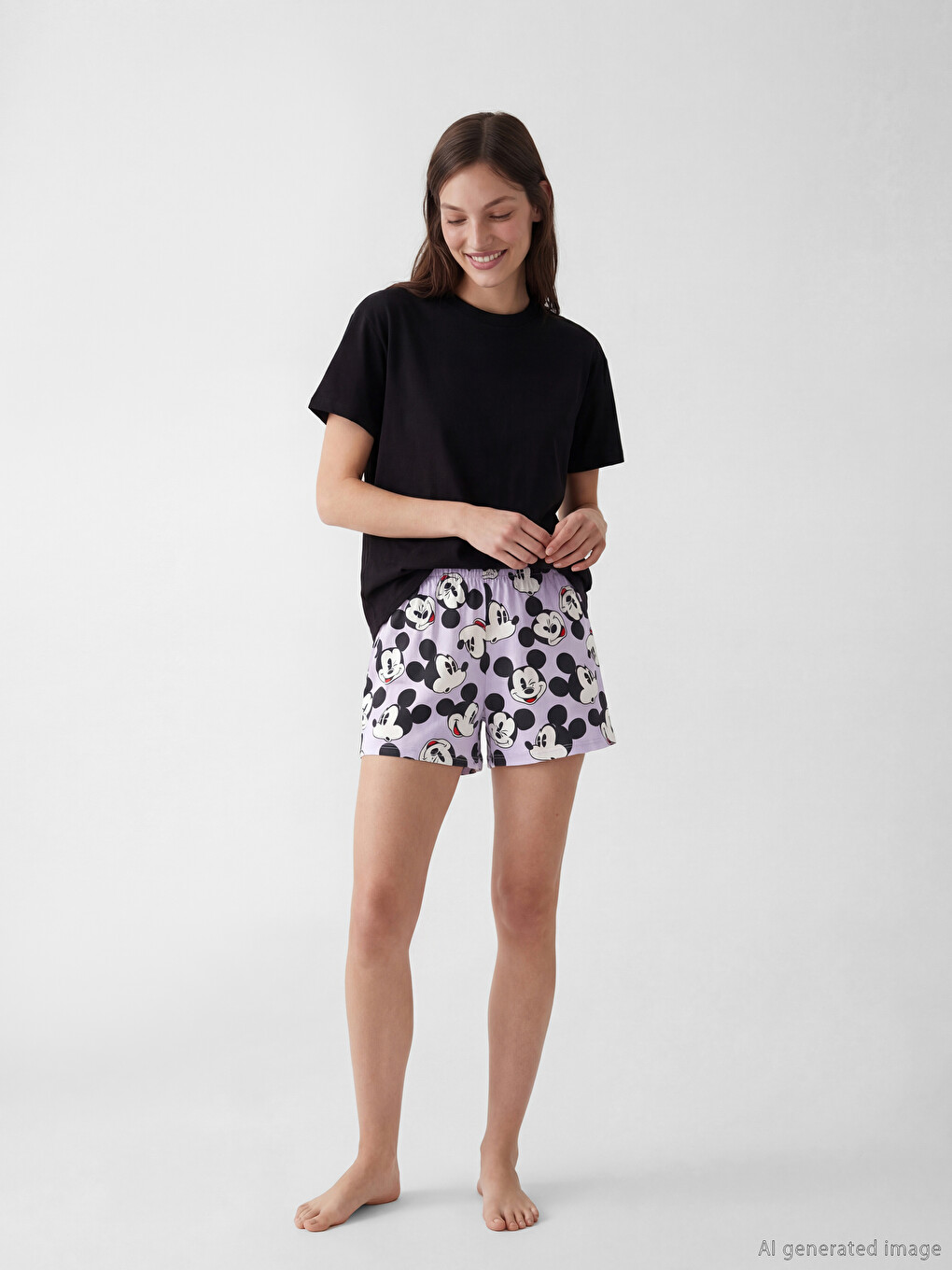Lila Beli Lastikli Mickey Mouse Baskılı Kadın Pijama Altı