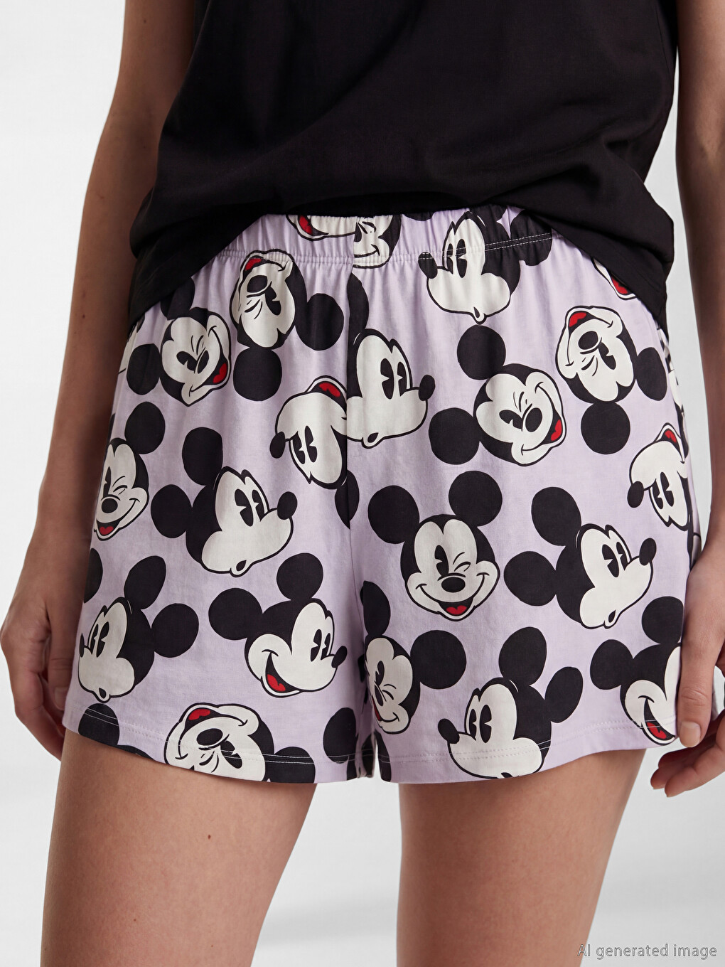 Lila Beli Lastikli Mickey Mouse Baskılı Kadın Pijama Altı-2
