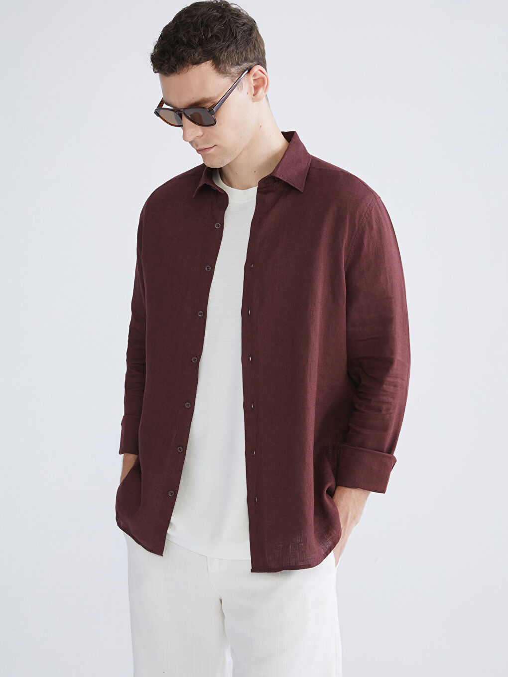 Mürdüm Regular Fit Uzun Kollu %100 Keten Erkek Gömlek