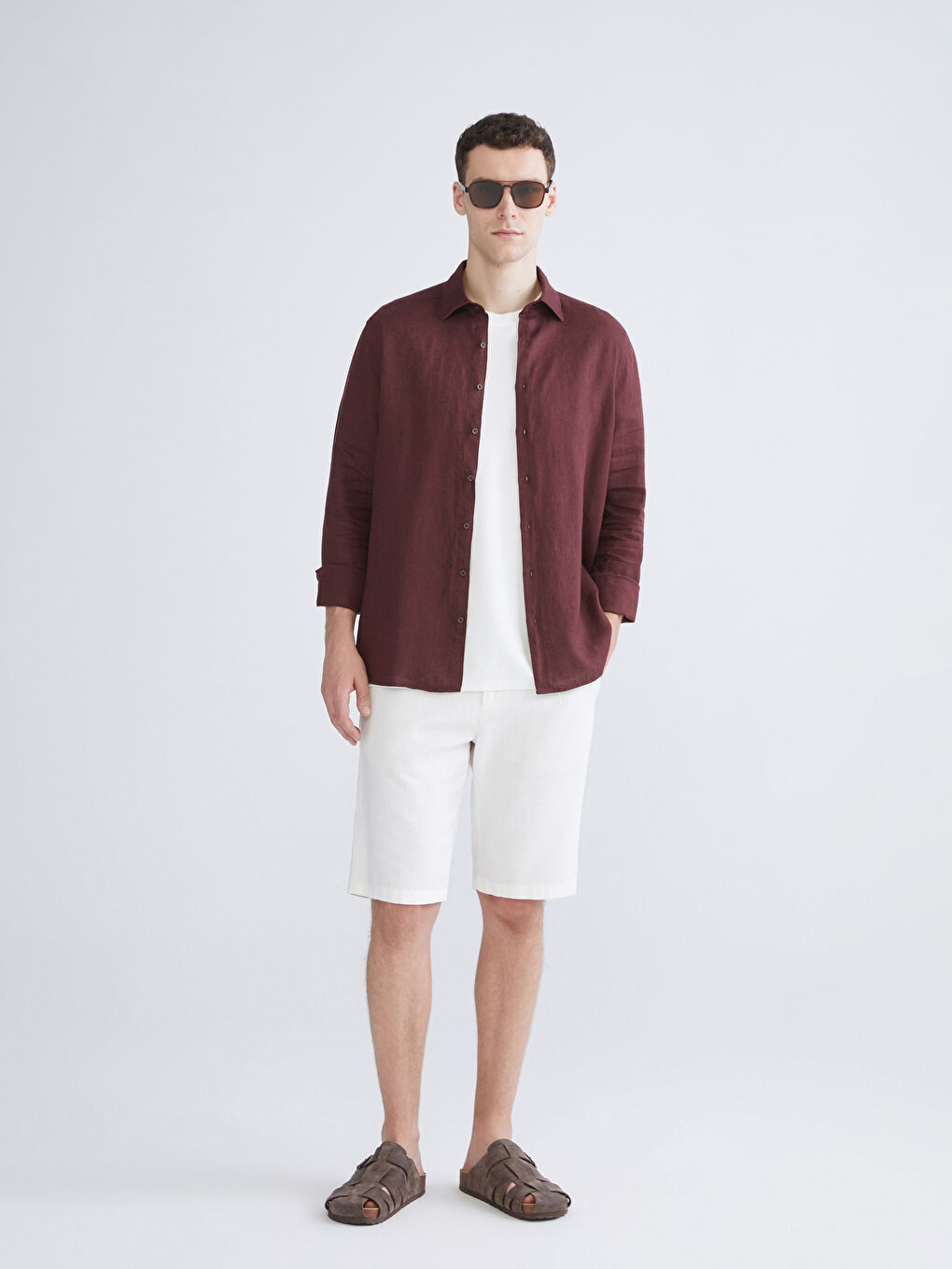 Mürdüm Regular Fit Uzun Kollu %100 Keten Erkek Gömlek-1