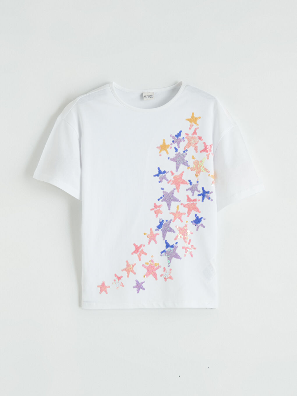 Ekru Bisiklet Yaka Pul İşlemeli Kız Çocuk Tişört-1