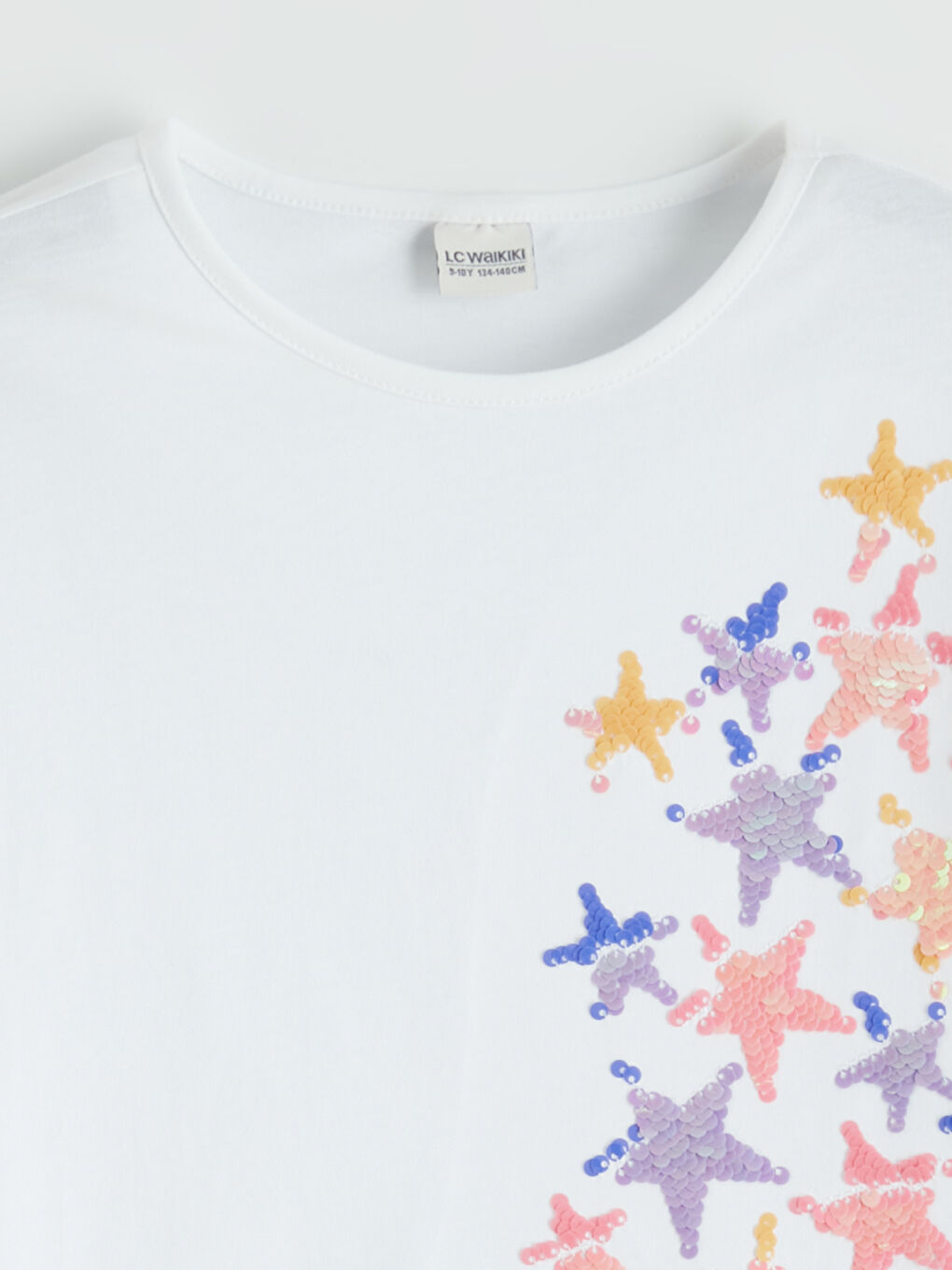 Ekru Bisiklet Yaka Pul İşlemeli Kız Çocuk Tişört-2