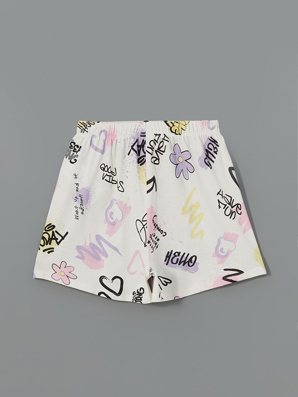 Ekru Beli Lastikli Baskılı Kız Çocuk Pijama Şort-1