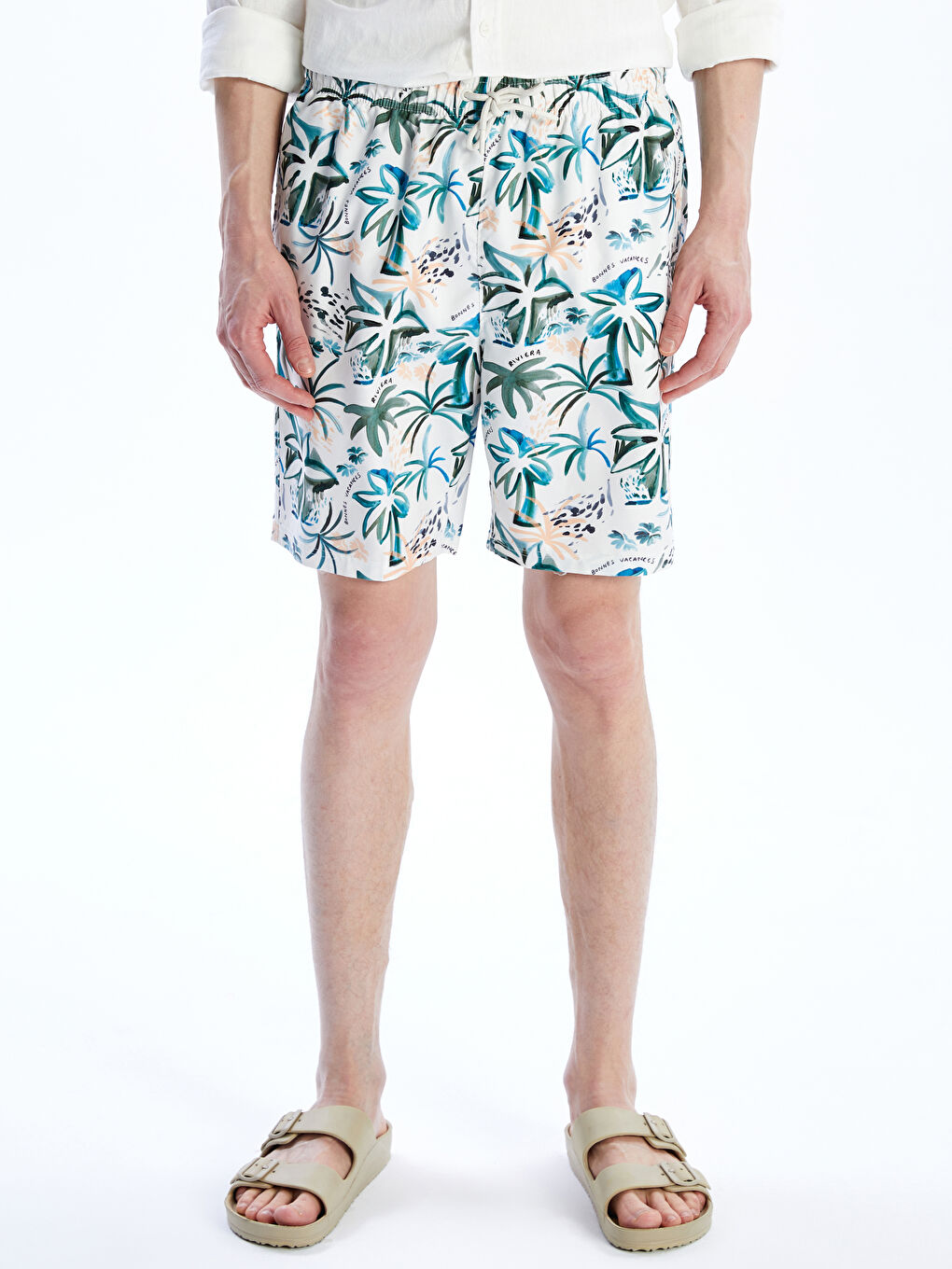 Bej Kısa Boy Desenli Erkek Deniz Şortu-1