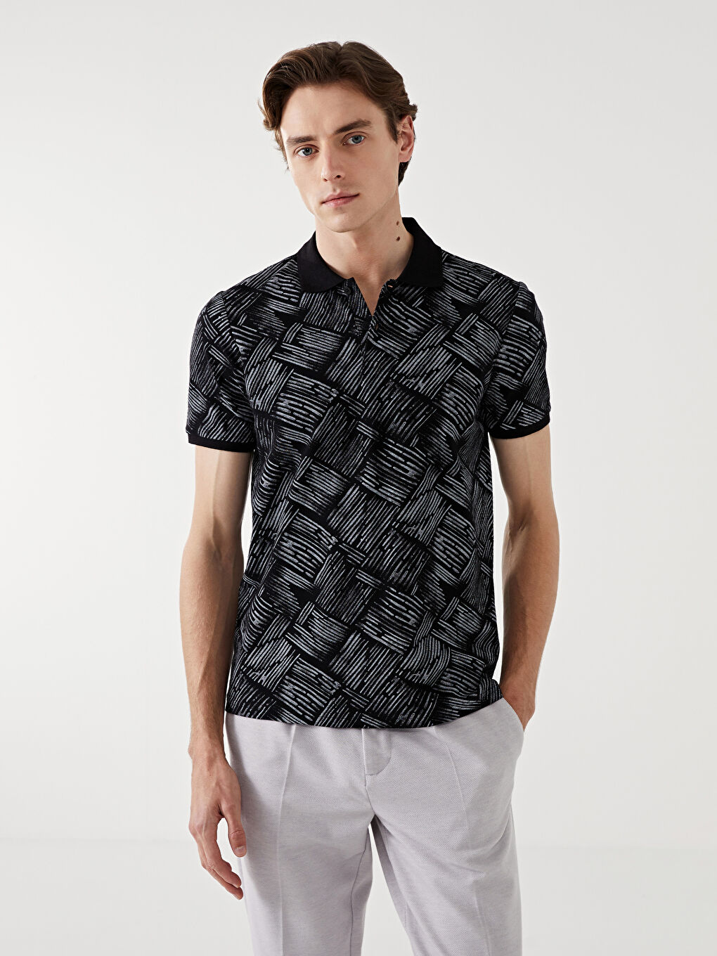 Polo Neck Patterned Pique Jacquard Men's T-Shirt -S5CH80Z8-CVL
