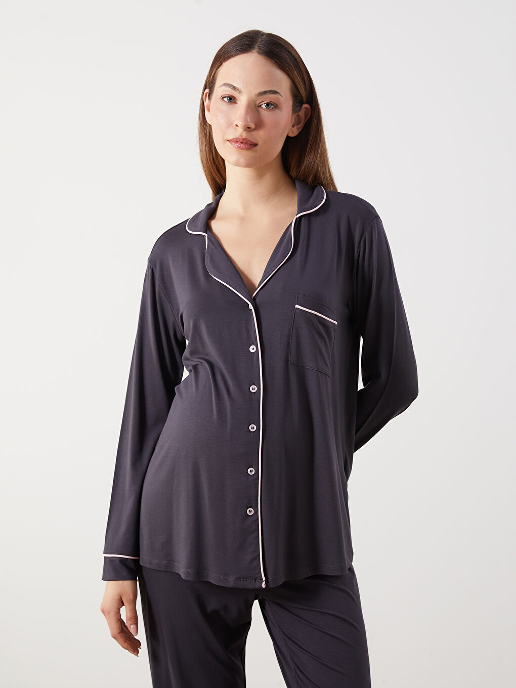 Antrasit Gömlek Yaka Hamile Pijama Takımı-1