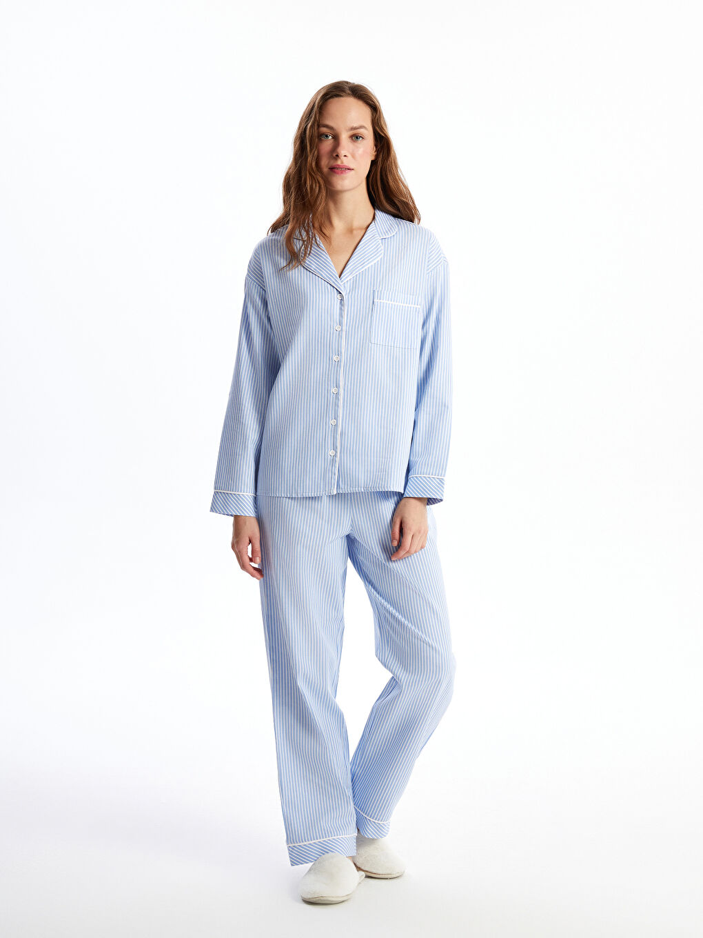 Collared Neck Striped Women's Pyjama Set -S5CI53Z8-LEN