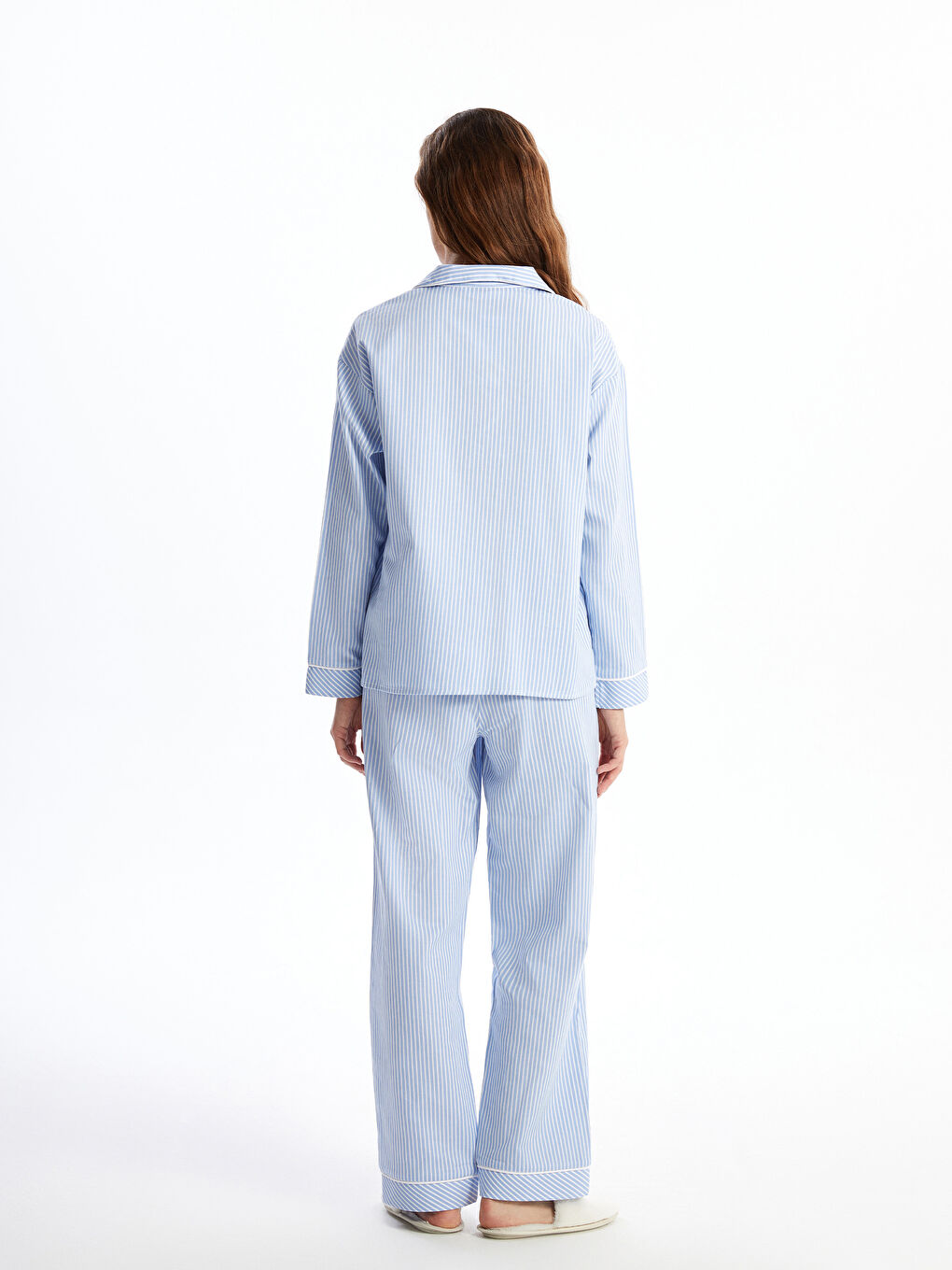 Collared Neck Striped Women's Pyjama Set -S5CI53Z8-LEN
