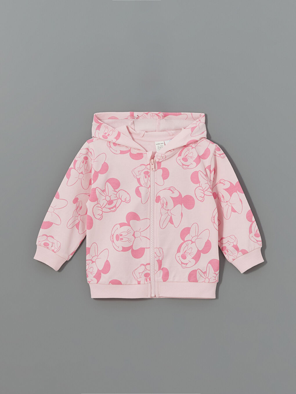 Pembe Kapüşonlu Minnie Mouse Baskılı Kız Bebek Hırka