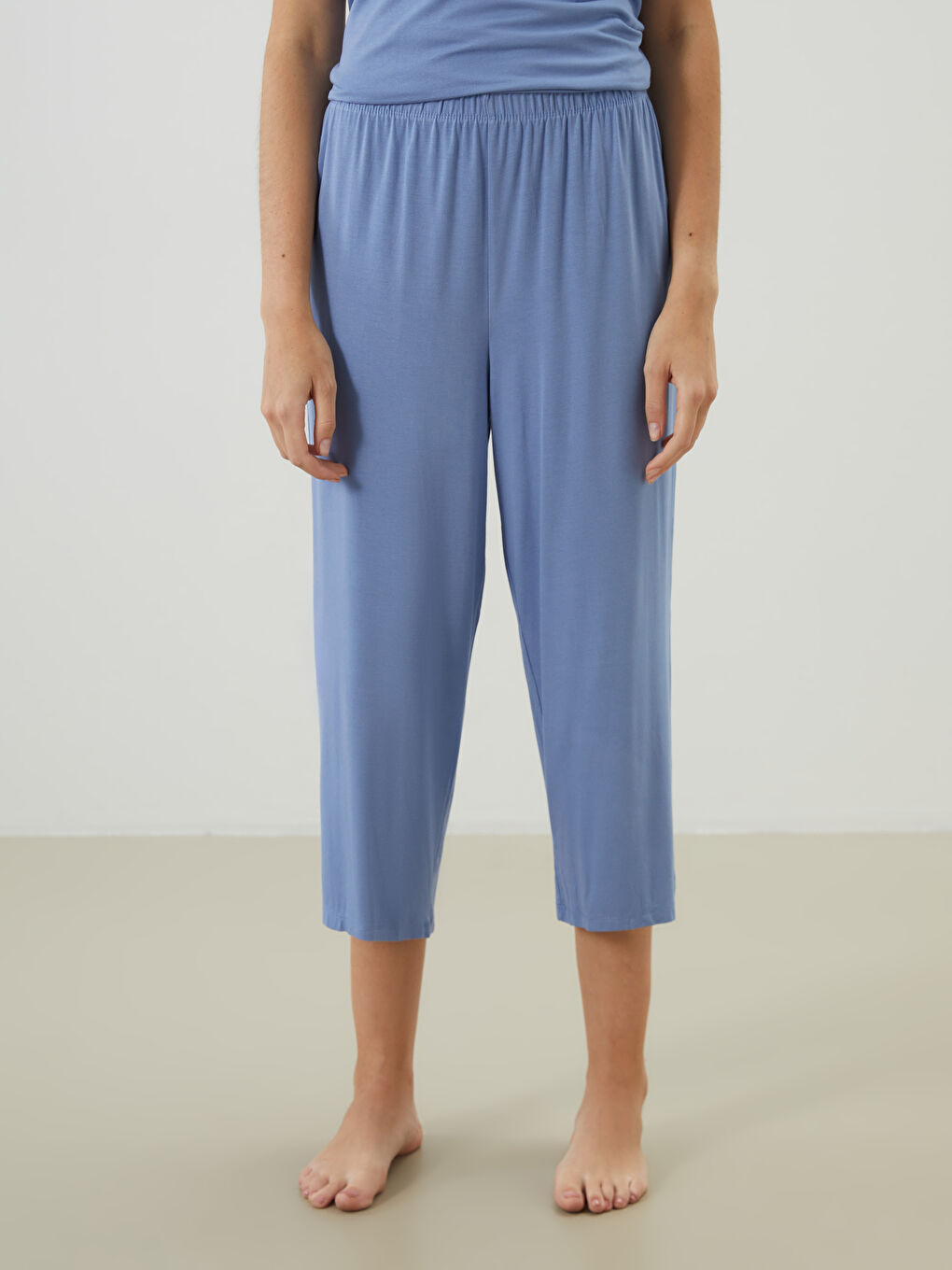 Mavi Beli Lastikli Kadın Kapri Pijama Altı-1