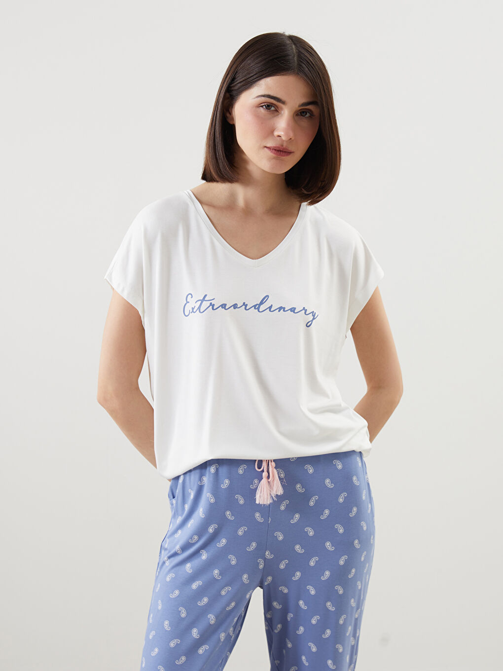 LCW DREAM Mavi V Yaka Desenli Kadın Pijama Takımı - 1