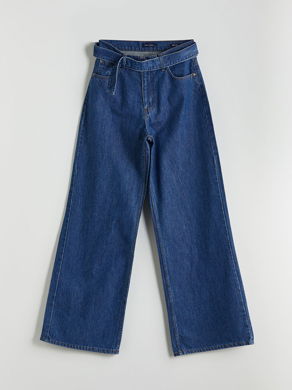 Jean Taille Haute Ceinturé Jambe Large pour Femmes-4