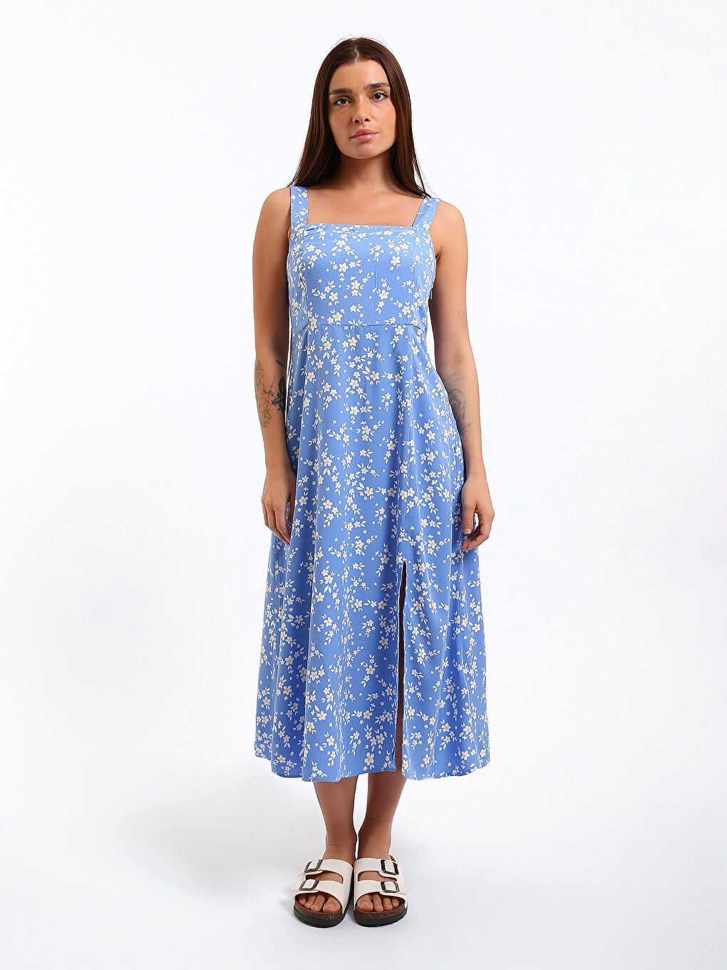 Square Collar Floral Slit Dress