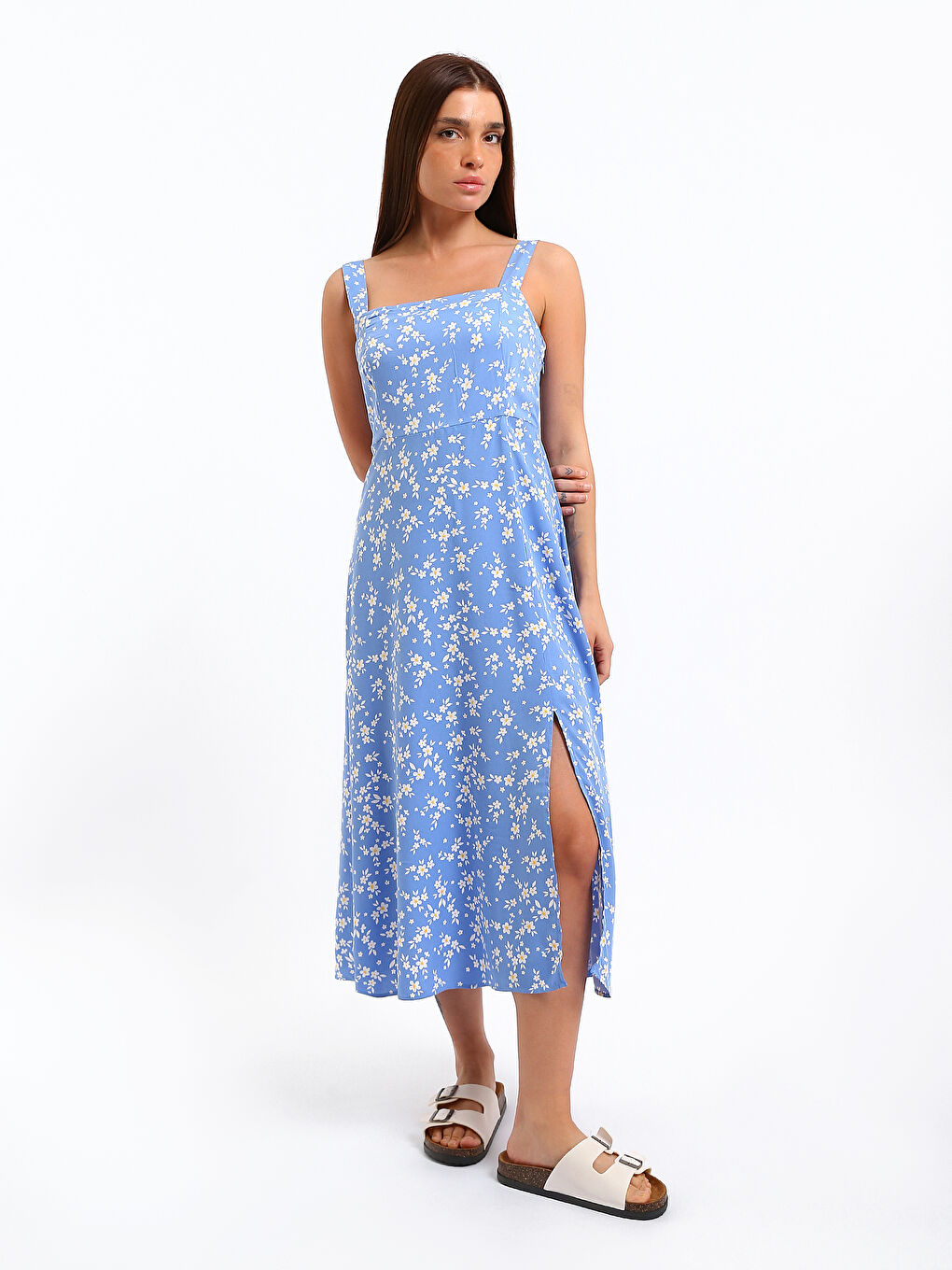 Square Collar Floral Slit Dress-1