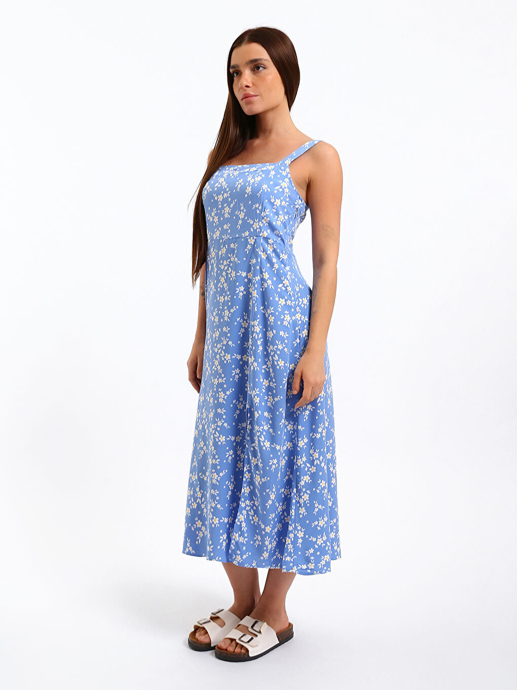 Square Collar Floral Slit Dress-3