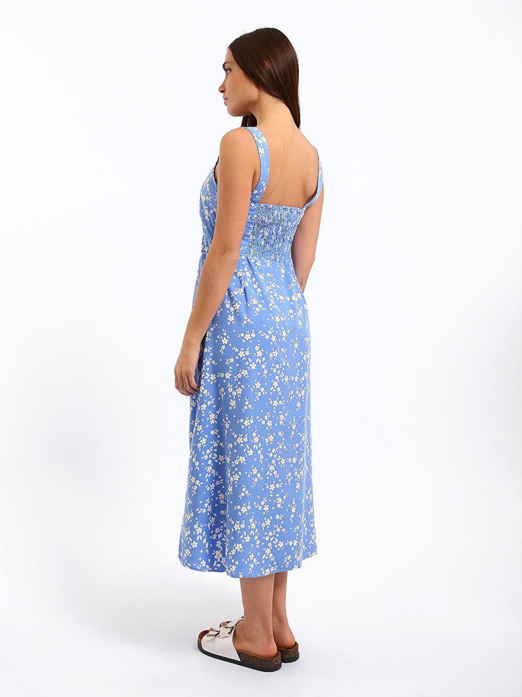 Square Collar Floral Slit Dress-4