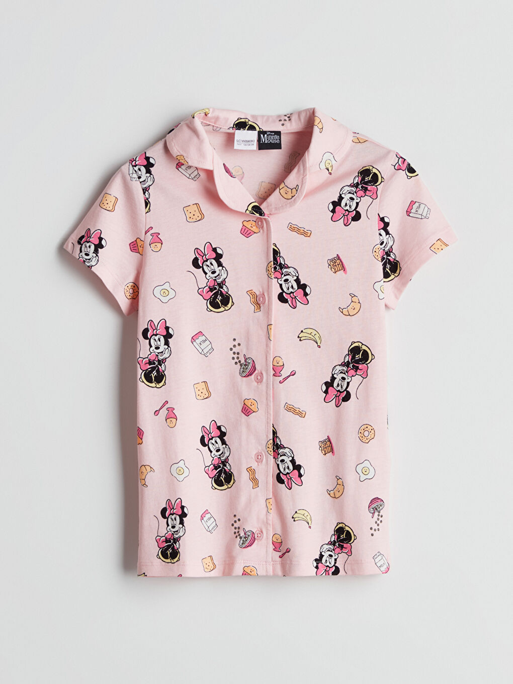 Pembe Gömlek Yaka Minnie Mouse Baskılı Kız Çocuk Pijama Üst-1