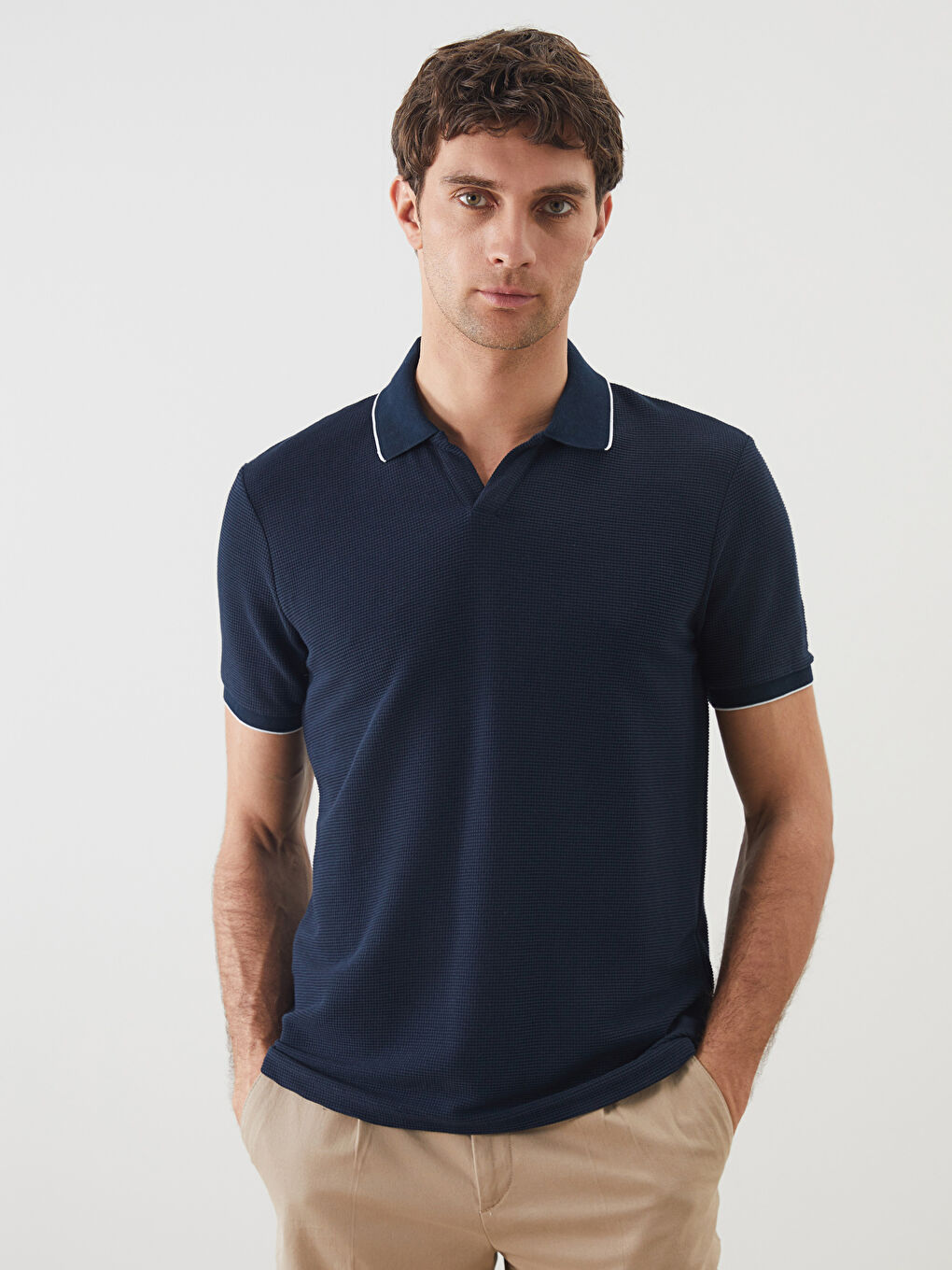 Polo Neck Short Sleeve Men's Textured T-Shirt -S5CR66Z8-RFH