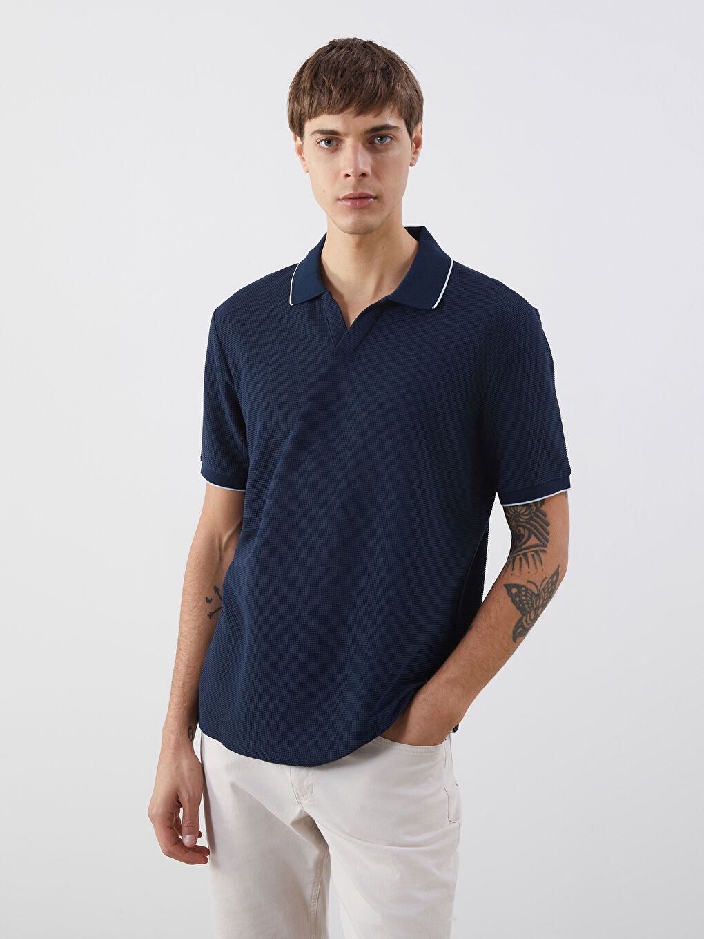 Polo Neck Short Sleeve Men's Textured T-Shirt -S5CR66Z8-RFH