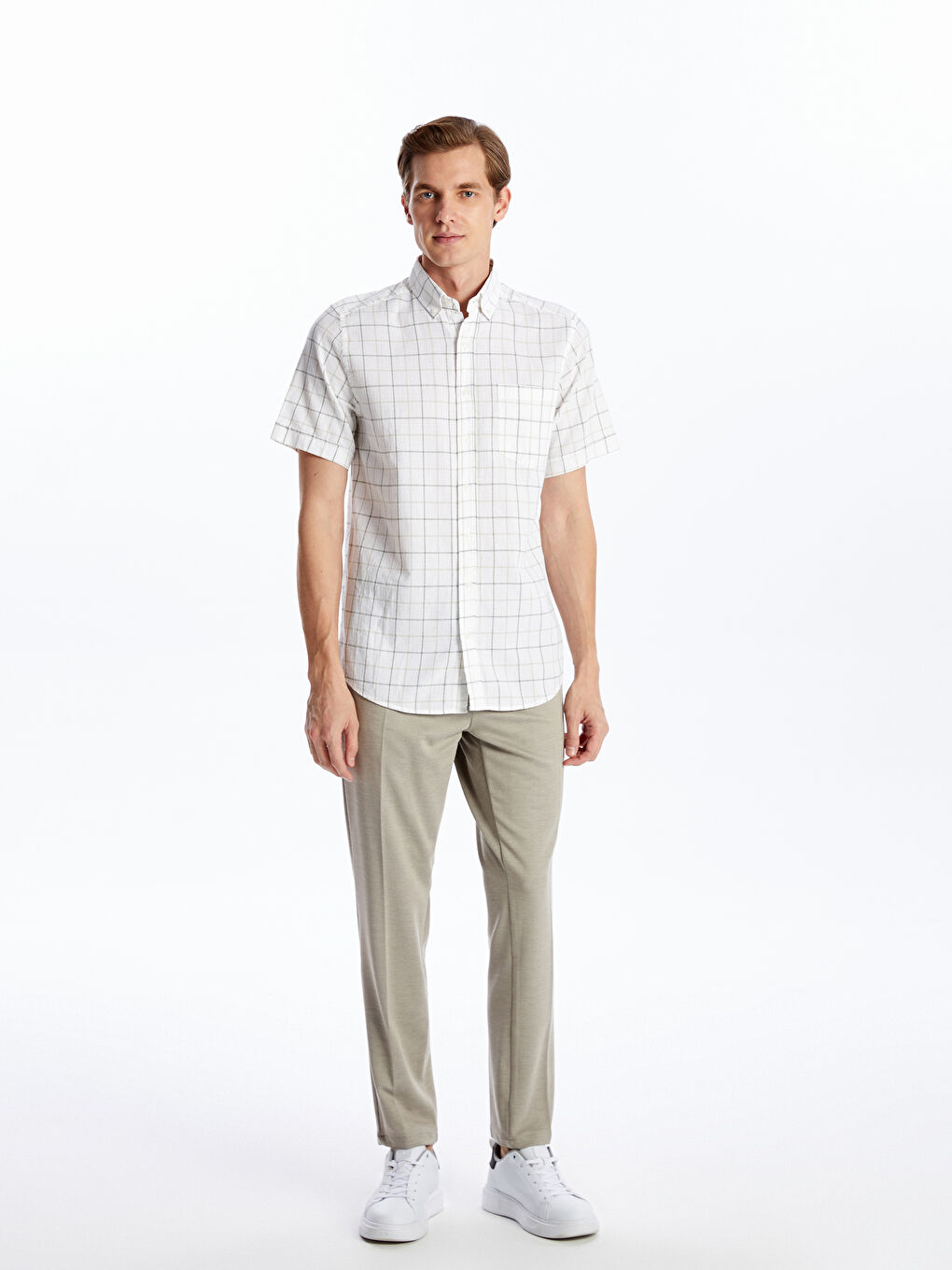 Regular Fit Men's Short Sleeve Plaid Dobby Shirt-1